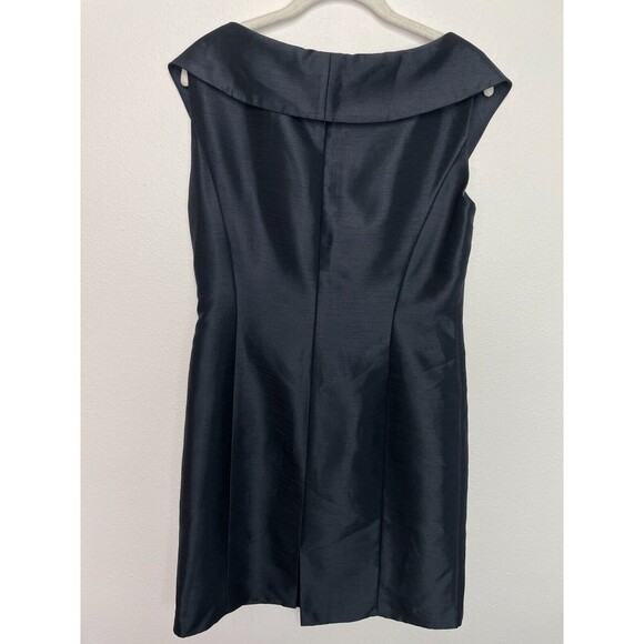 Tahari ASL Size 8 Surplice Ruched Sheath Dress Navy Blue Satin Portrait Collar - Picture 11 of 13